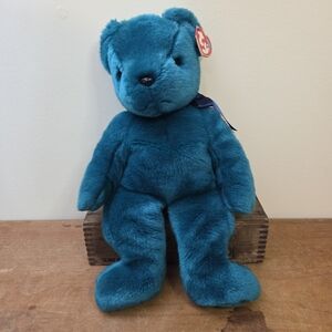 Ty Retired Beanie Buddy Teal "The Old Face" Teddy 14.5 Inch